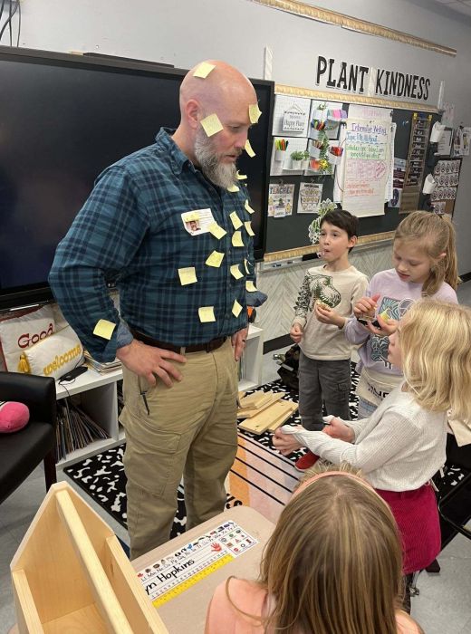 2nd graders plastered Matt Whitbeck of Whitbeck Construction with “thank you” notes following a toolbox build that he lead.